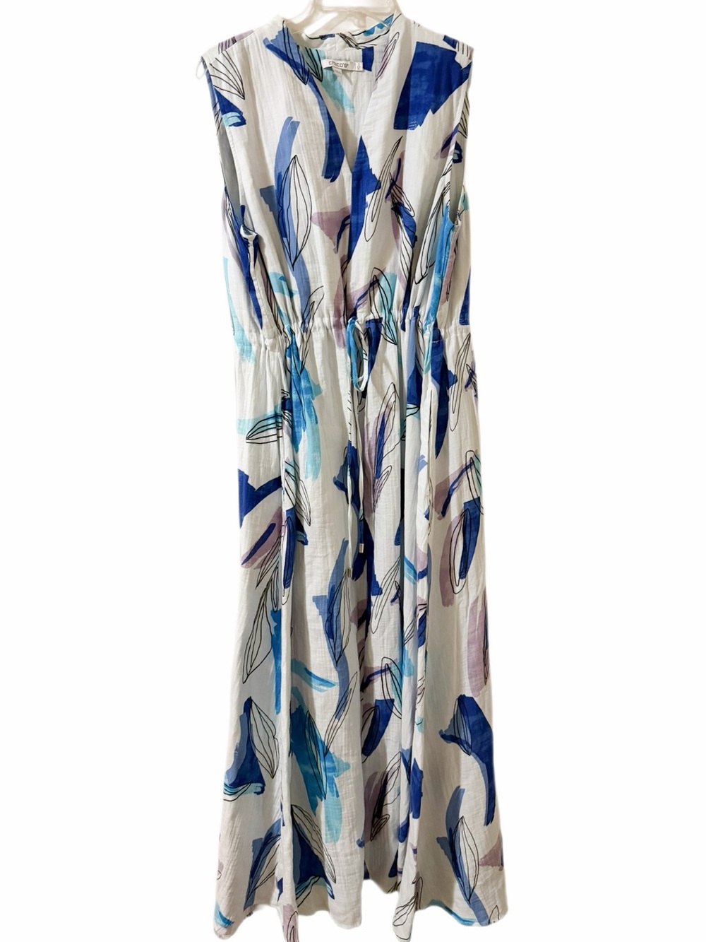 Chico Dress Size 3 all Cotton V Neck Maxi with tie at waist 💙⚪️